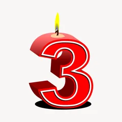 A large red number 3 shaped as a birthday candle